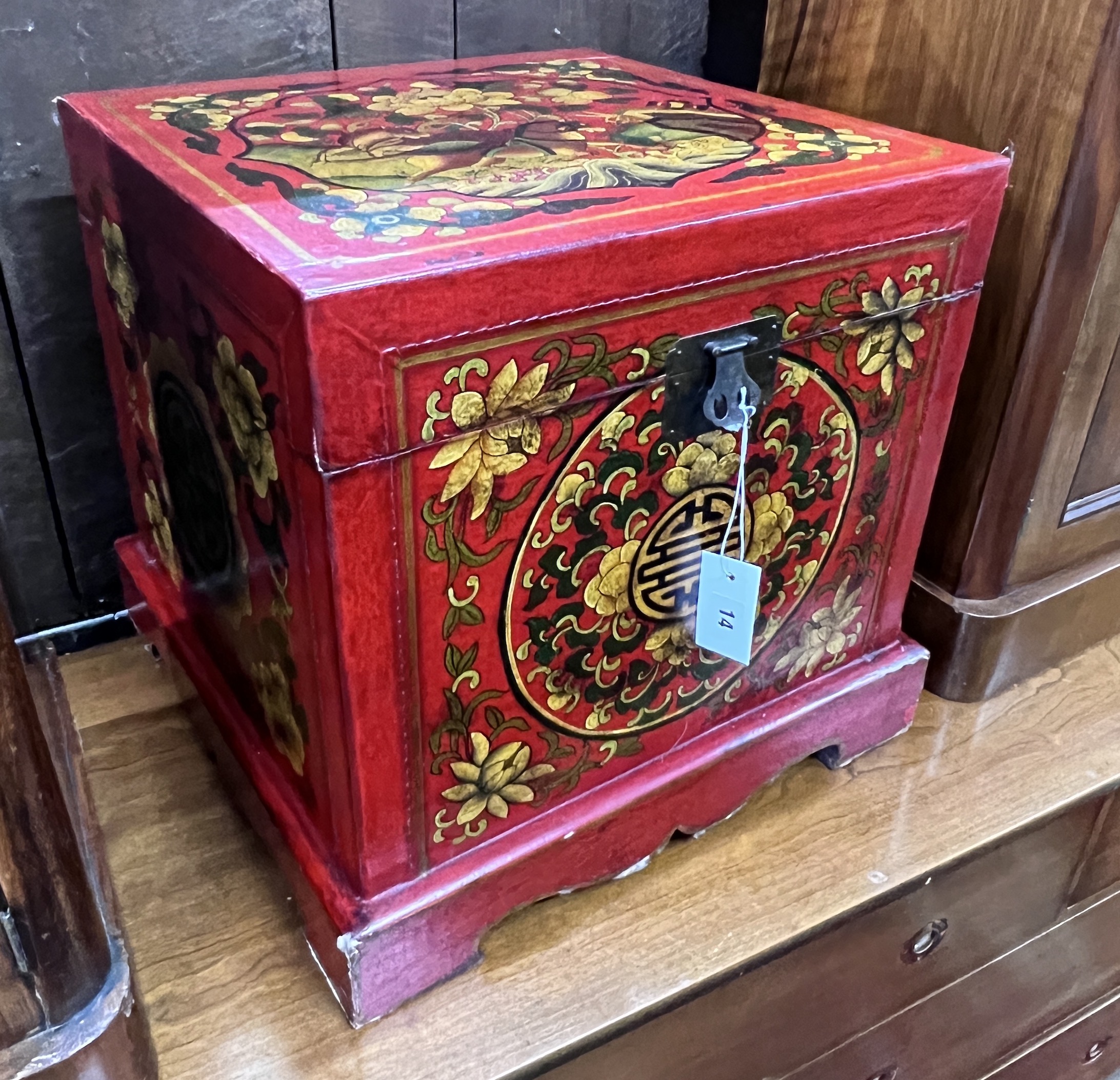 A modern Chinese red lacquer square painted trunk, 47cm, height 44cm